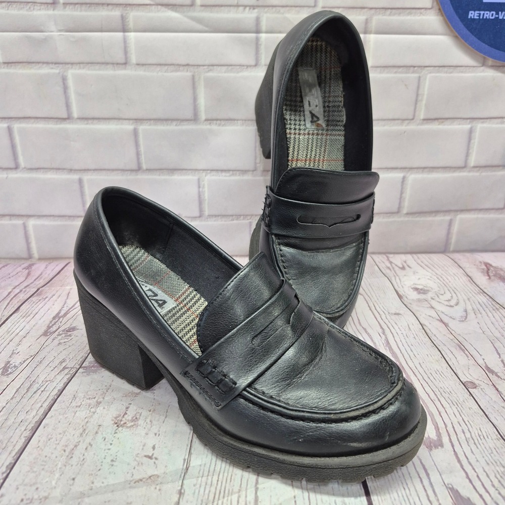 FADA Womens Black Chunky Block Heel Penny Loafers Lug Sole‎ Plaid Lining Slip On